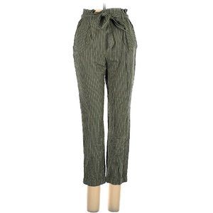 Drawstring Comfy Pants 100% Cotton, Army Green with Stripes, Capri Length, Small